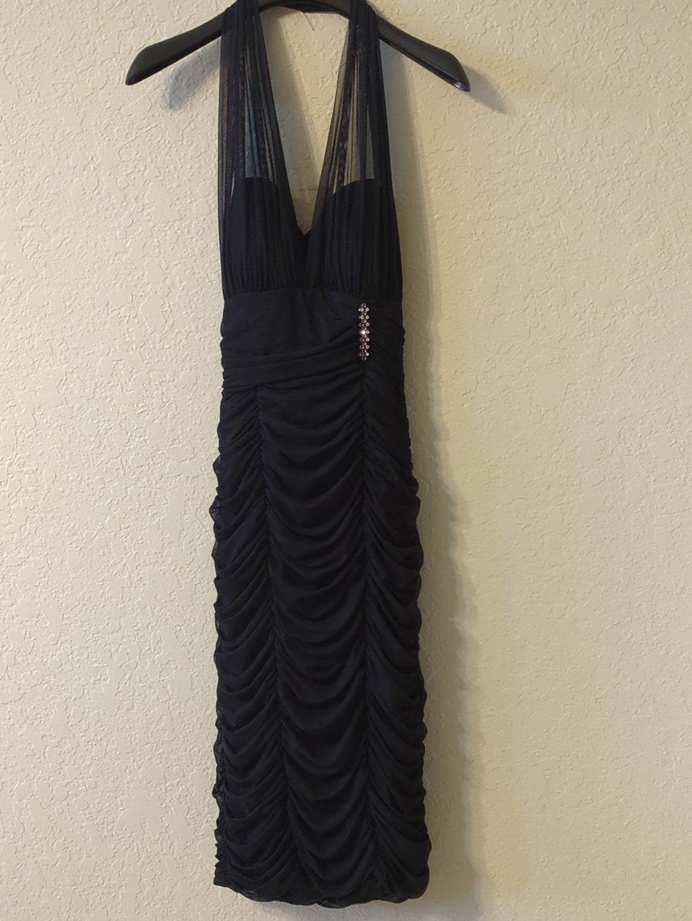 Cache Black Ruched Halter Midi Dress with Jewel Accent